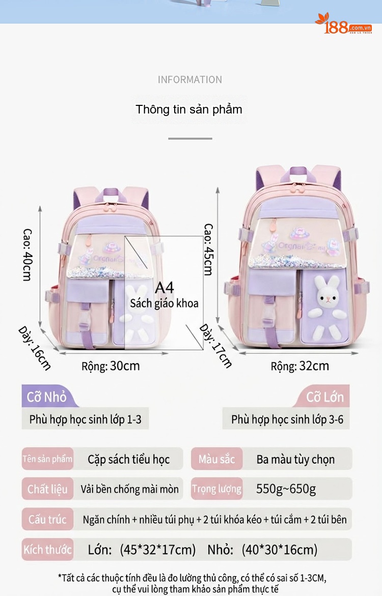 Balo Học Sinh Tiểu Học Chống Thấm Nước Hình Thỏ Dễ Thương Màu Hồng, Xanh Dương, Tím chi tiết 5