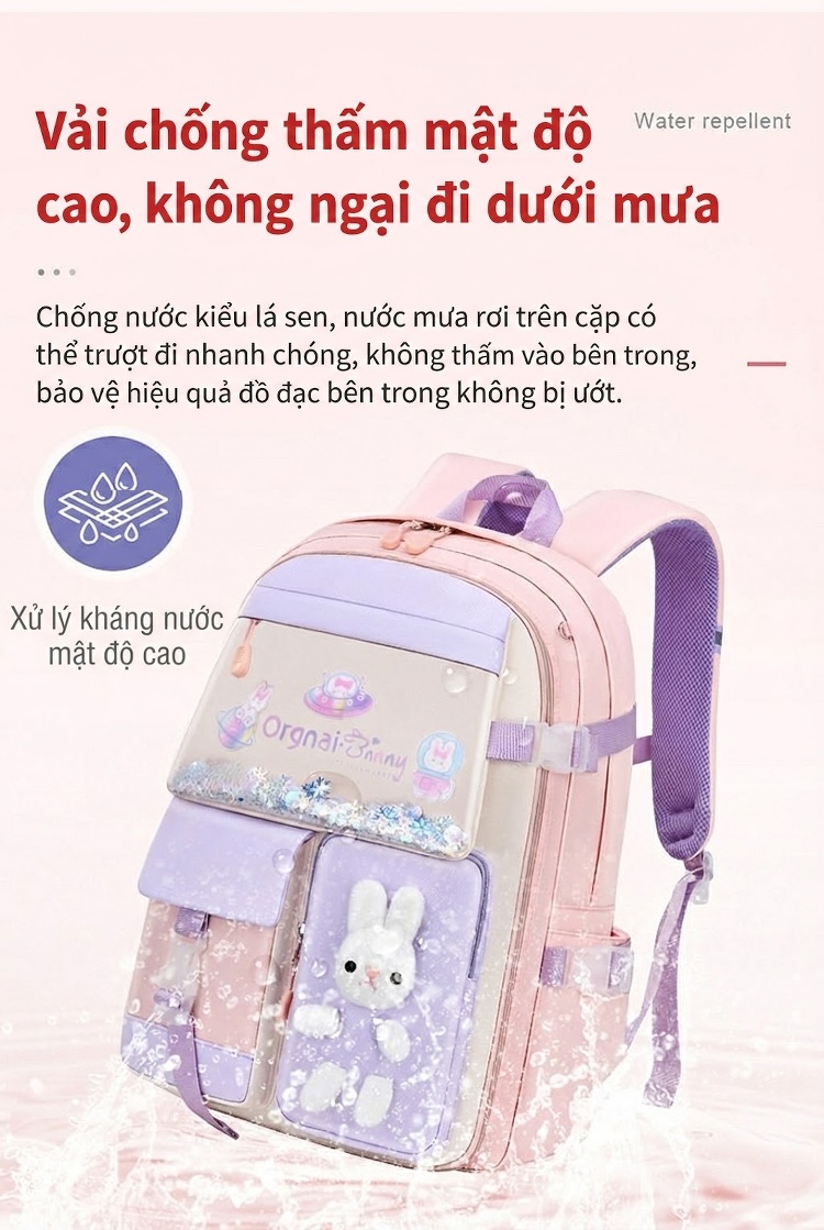Balo Học Sinh Tiểu Học Chống Thấm Nước Hình Thỏ Dễ Thương Màu Hồng, Xanh Dương, Tím chi tiết 10