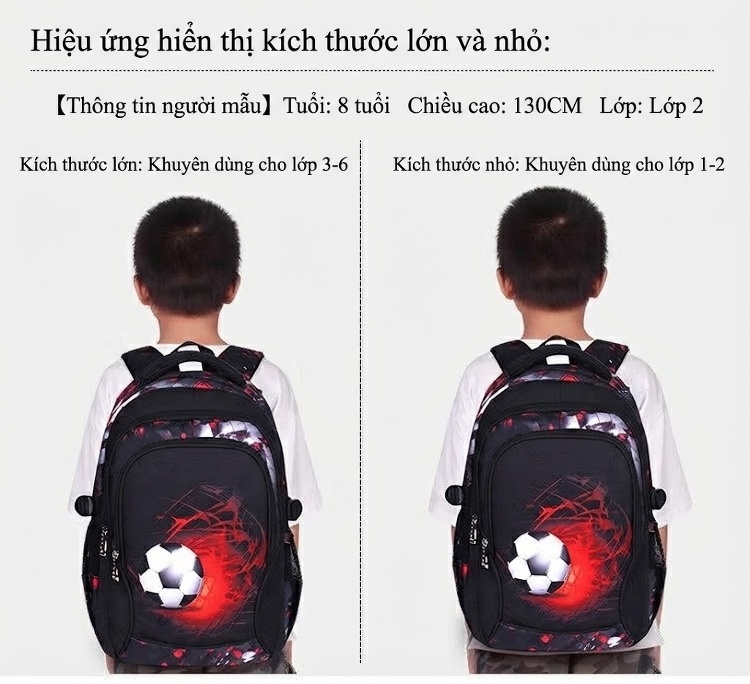 Balo Học Sinh Tiểu Học, Trung Học Cơ Sở Chống Thấm Nước In Hình Quả Bóng Đá Màu Đen, Đỏ chi tiết 13