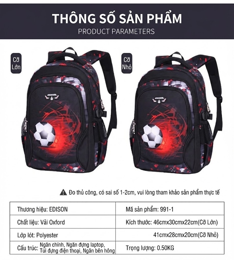 Balo Học Sinh Tiểu Học, Trung Học Cơ Sở Chống Thấm Nước In Hình Quả Bóng Đá Màu Đen, Đỏ chi tiết 21