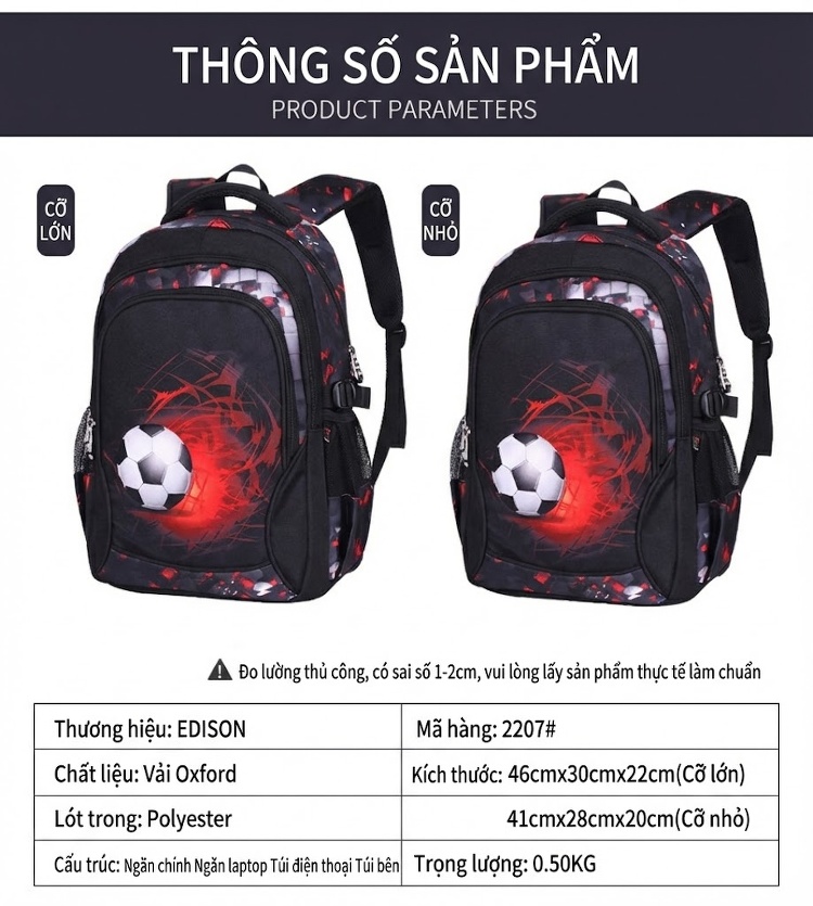 Balo Học Sinh Tiểu Học, Trung Học Cơ Sở Chống Thấm Nước In Hình Quả Bóng Đá Màu Đen, Đỏ chi tiết 11