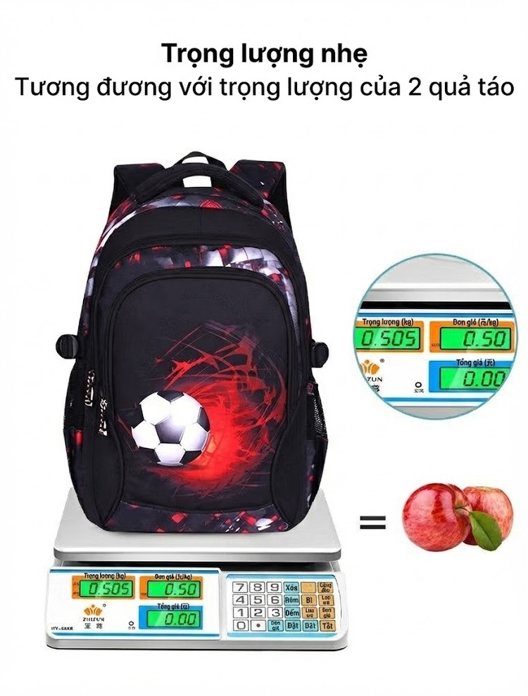 Balo Học Sinh Tiểu Học, Trung Học Cơ Sở Chống Thấm Nước In Hình Quả Bóng Đá Màu Đen, Đỏ chi tiết 5