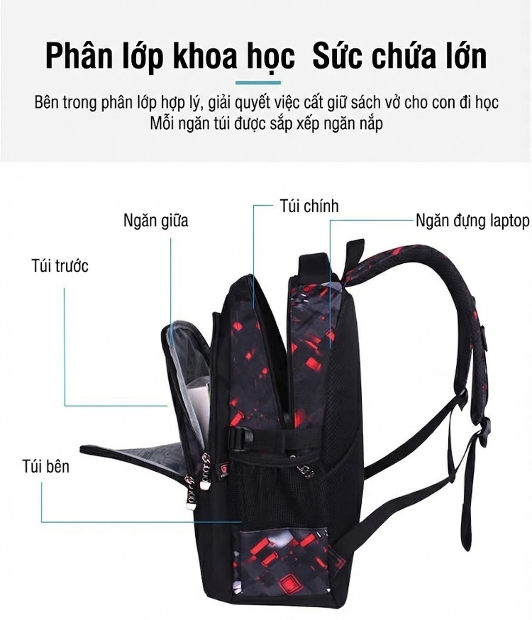 Balo Học Sinh Tiểu Học, Trung Học Cơ Sở Chống Thấm Nước In Hình Quả Bóng Đá Màu Đen, Đỏ chi tiết 9