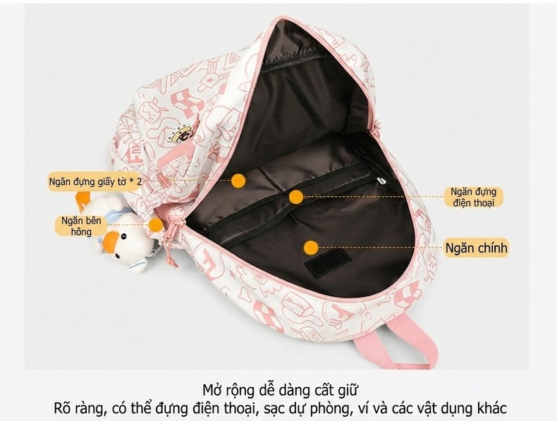 Balo Học Sinh Vải Dệt In Họa Tiết Graffiti Phong Cách Hàn Quốc Sức Chứa Lớn Màu Trắng, Hồng, Tím chi tiết 5