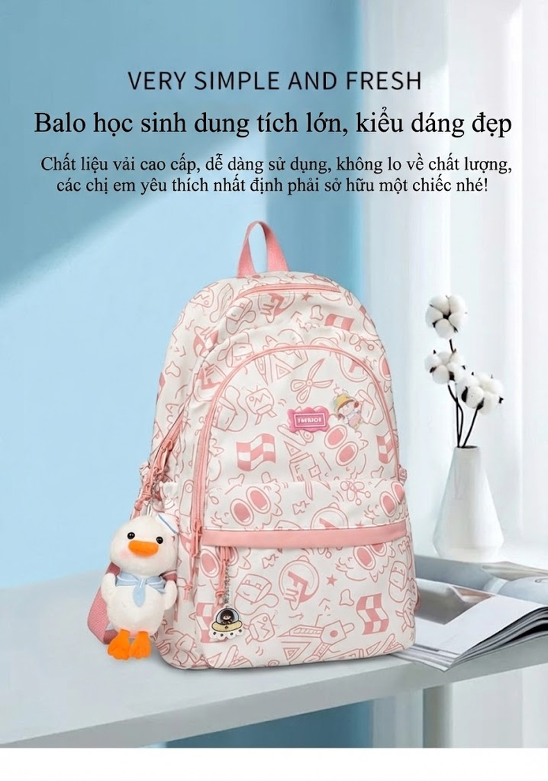 Balo Học Sinh Vải Dệt In Họa Tiết Graffiti Phong Cách Hàn Quốc Sức Chứa Lớn Màu Trắng, Hồng, Tím chi tiết 1