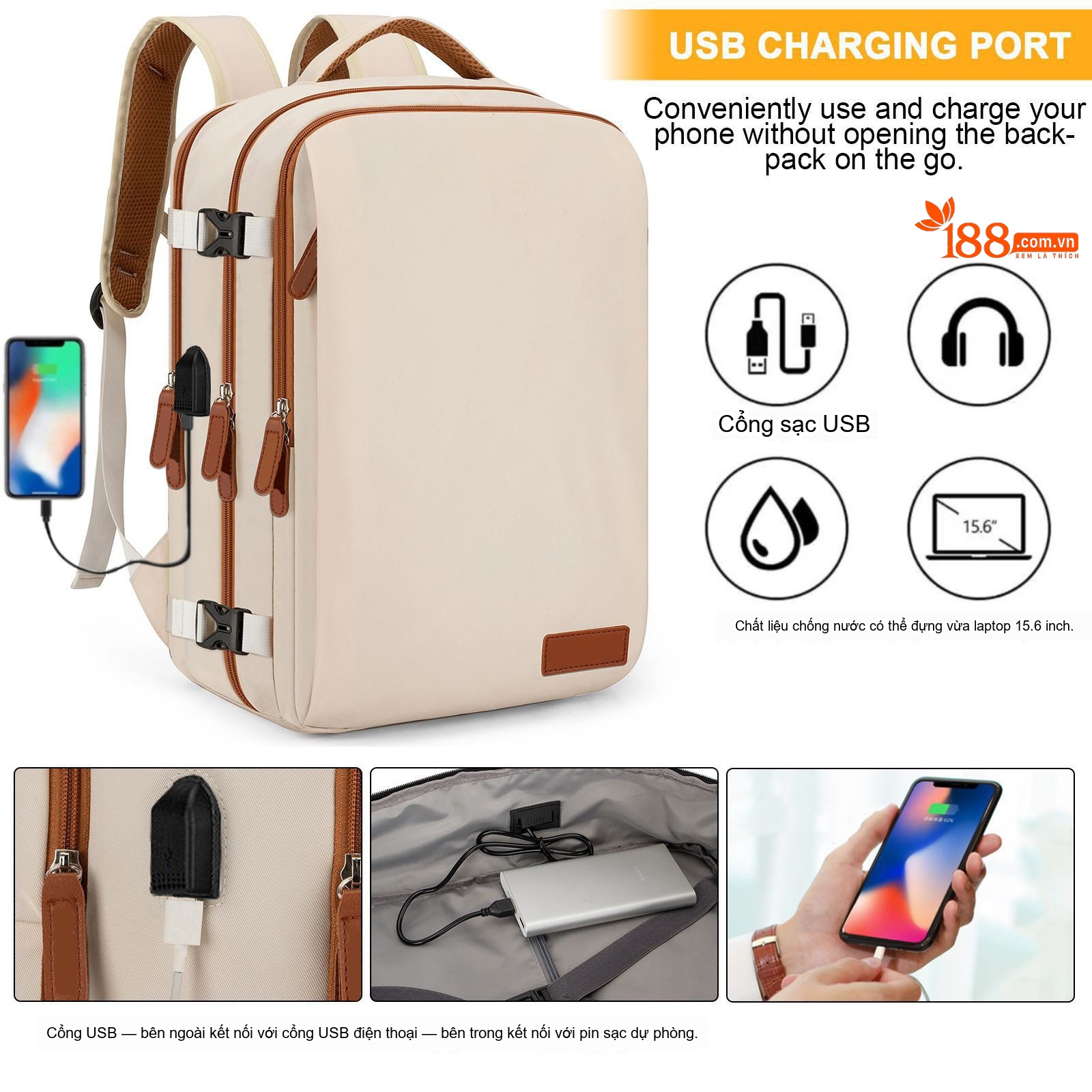 Balo Laptop Đa Năng Vải Dày Dặn Chống Sốc Chống Nước Có Cổng Sạc USB Màu Kem
