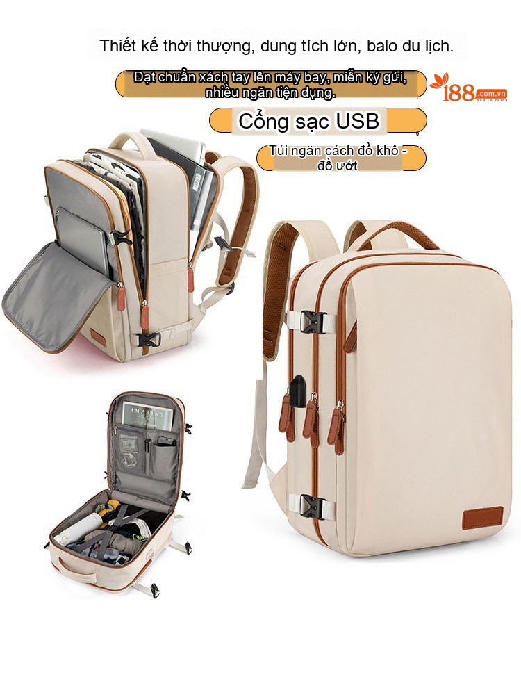 Balo Laptop Đa Năng Vải Dày Dặn Chống Sốc Chống Nước Có Cổng Sạc USB Màu Kem chi tiết 7