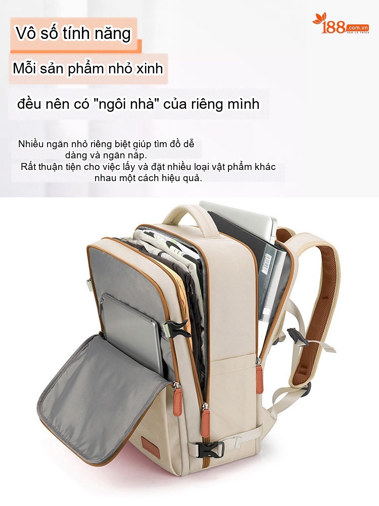 Balo Laptop Đa Năng Vải Dày Dặn Chống Sốc Chống Nước Có Cổng Sạc USB Màu Kem chi tiết 9