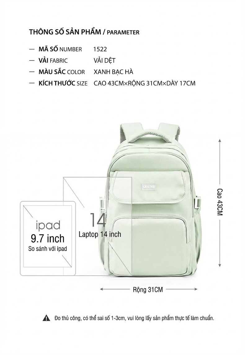 Balo Laptop Lớn Vải Dù Chống Nước Phong Cách Ins Cho Học Sinh, Sinh Viên Màu Xanh Bạc Hà chi tiết 4