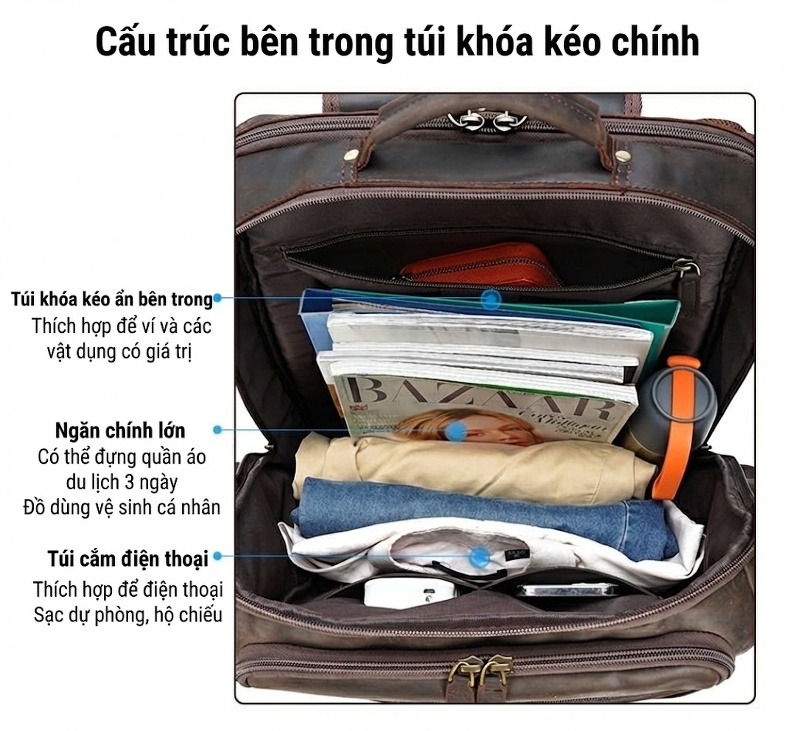 Balo Laptop Nam Da Bò Sáp Crazy Horse 17 Inch Du Lịch Ngoài Trời Màu Nâu Đậm chi tiết 10