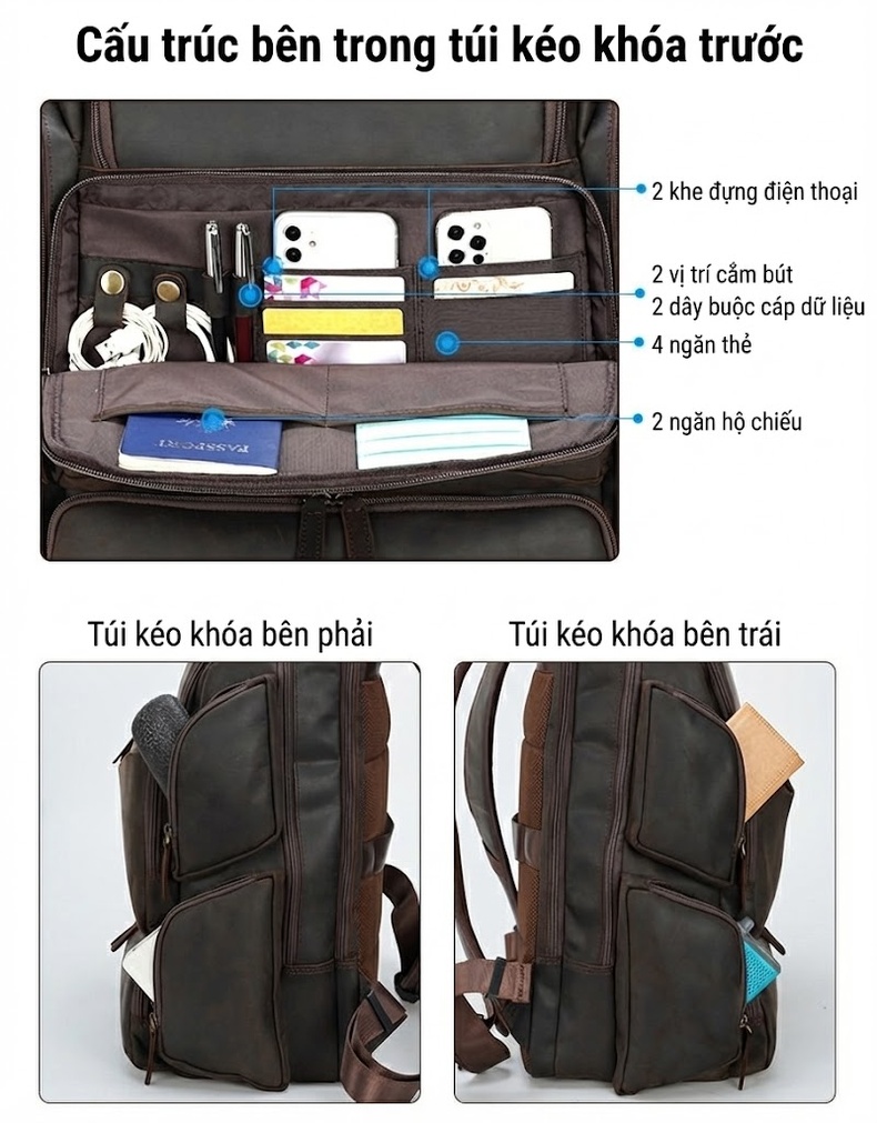 Balo Laptop Nam Da Bò Sáp Crazy Horse 17 Inch Du Lịch Ngoài Trời Màu Nâu Đậm chi tiết 11