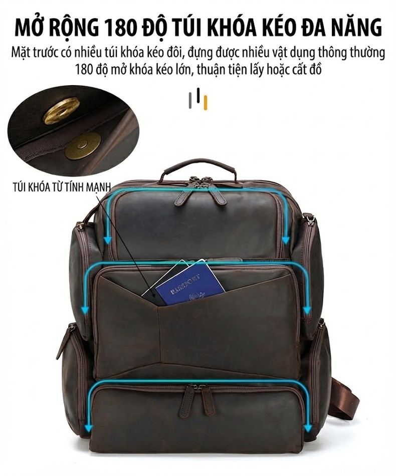 Balo Laptop Nam Da Bò Sáp Crazy Horse 17 Inch Du Lịch Ngoài Trời Màu Nâu Đậm chi tiết 12