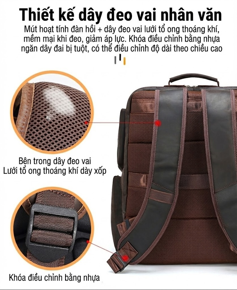 Balo Laptop Nam Da Bò Sáp Crazy Horse 17 Inch Du Lịch Ngoài Trời Màu Nâu Đậm chi tiết 15