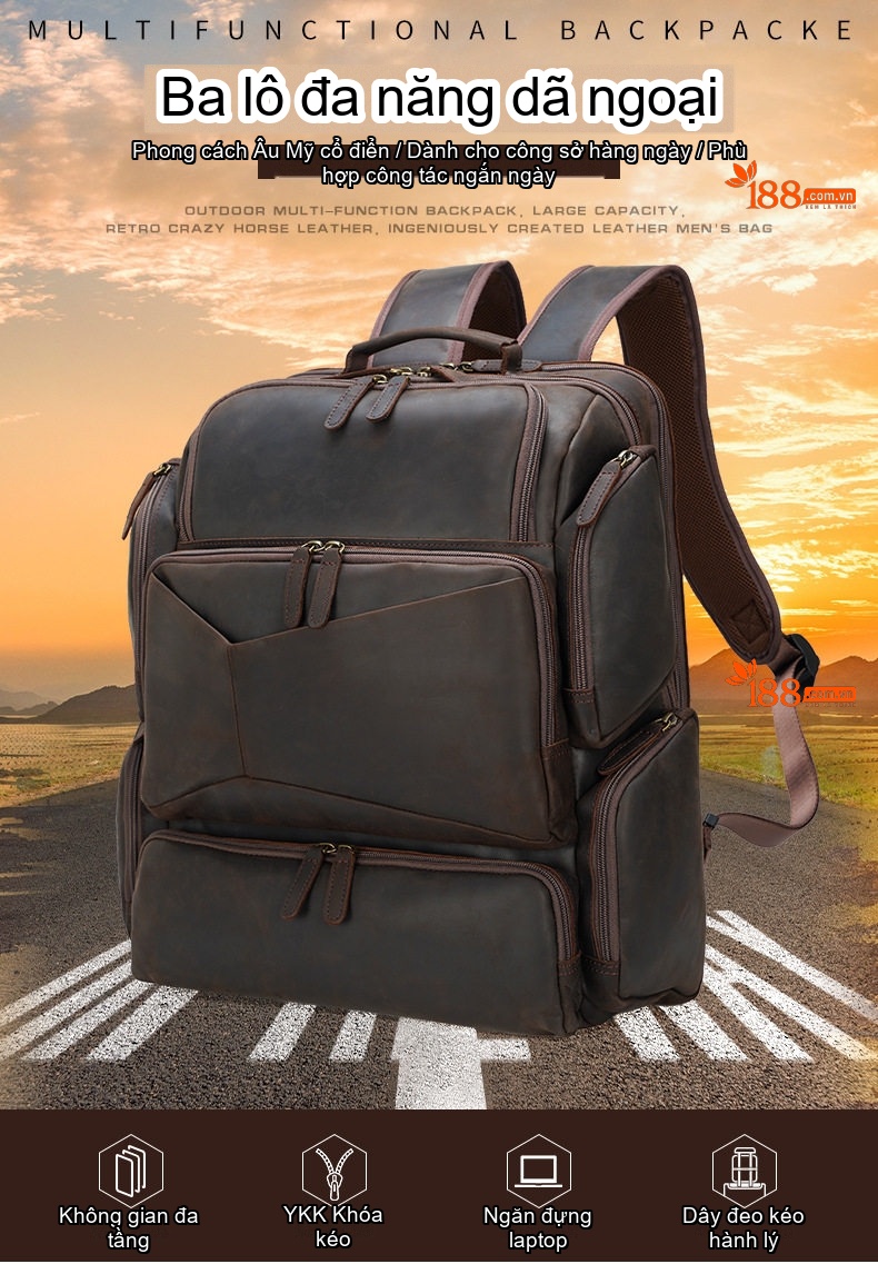 Balo Laptop Nam Da Bò Sáp Crazy Horse 17 Inch Du Lịch Ngoài Trời Màu Nâu Đậm chi tiết 4