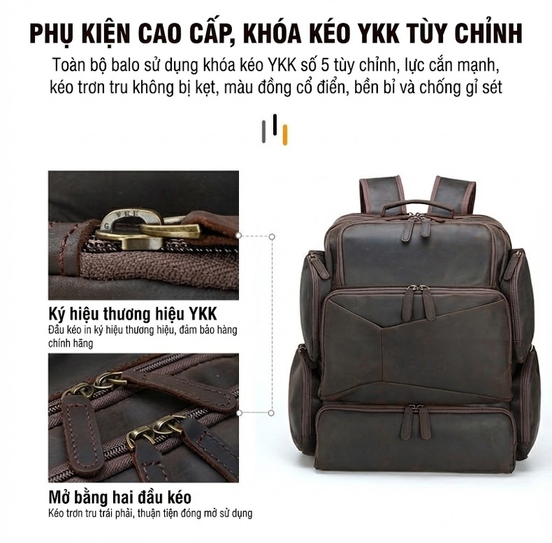 Balo Laptop Nam Da Bò Sáp Crazy Horse 17 Inch Du Lịch Ngoài Trời Màu Nâu Đậm chi tiết 8