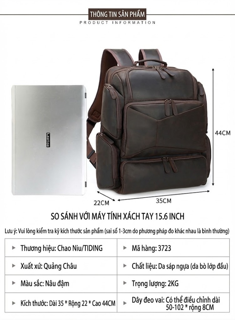 Balo Laptop Nam Da Bò Sáp Crazy Horse 17 Inch Du Lịch Ngoài Trời Màu Nâu Đậm chi tiết 5