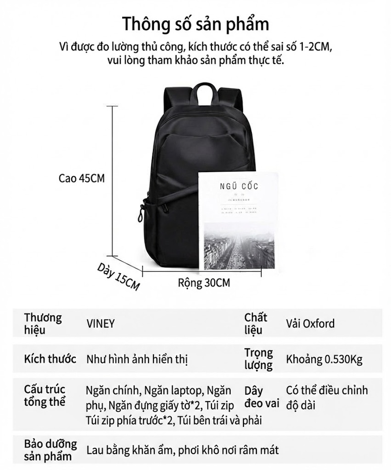 Balo Laptop Nam Nữ Chống Nước Sức Chứa Lớn Đi Học Du Lịch Công Tác Màu Đen chi tiết 3