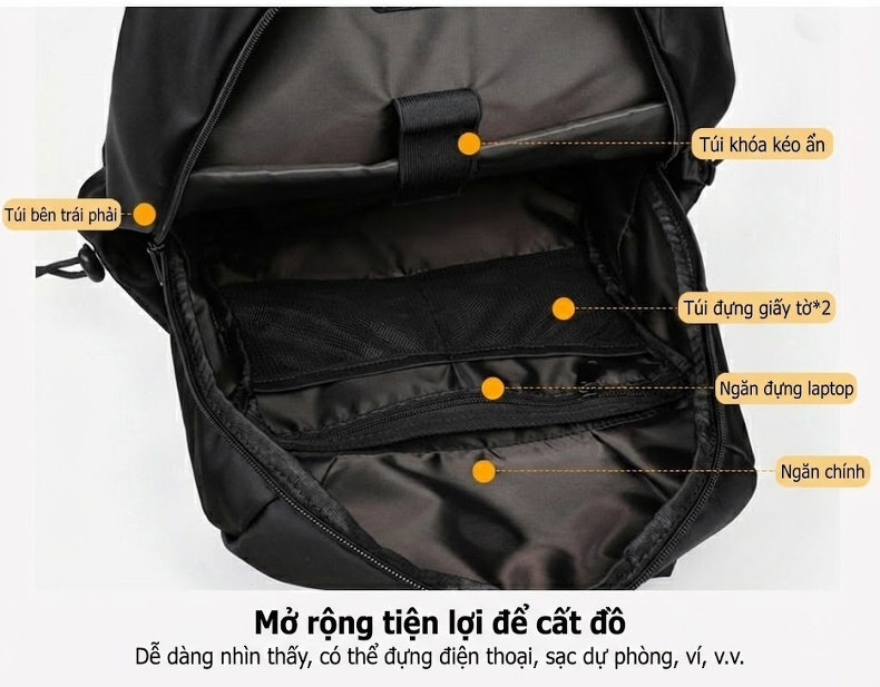 Balo Laptop Nam Nữ Chống Nước Sức Chứa Lớn Đi Học Du Lịch Công Tác Màu Đen chi tiết 5