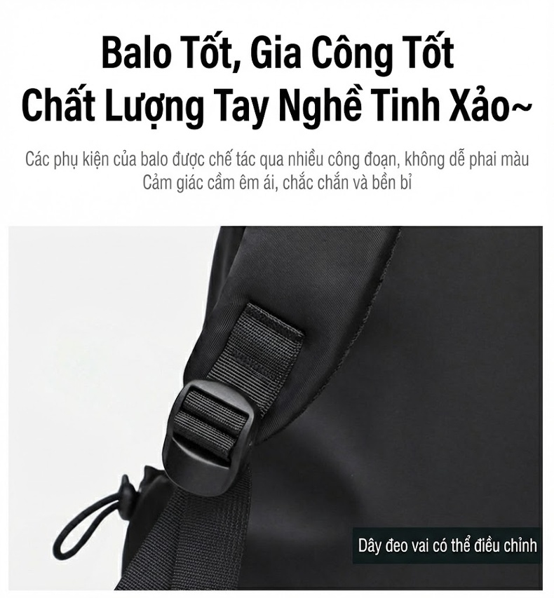 Balo Laptop Nam Nữ Chống Nước Sức Chứa Lớn Đi Học Du Lịch Công Tác Màu Đen chi tiết 7