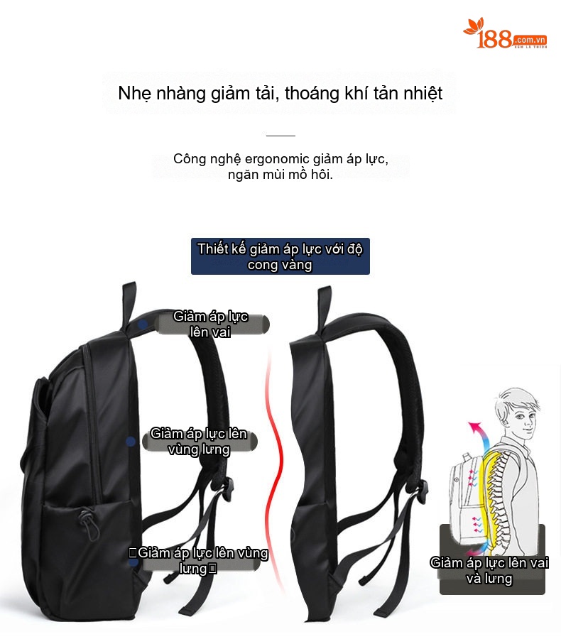 Balo Laptop Nam Nữ Chống Nước Sức Chứa Lớn Đi Học Du Lịch Công Tác Màu Đen chi tiết 10