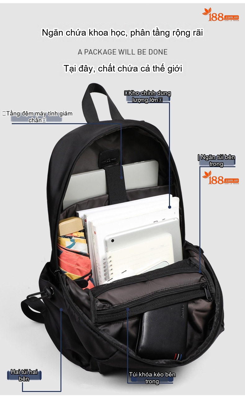 Balo Laptop Nam Nữ Chống Nước Sức Chứa Lớn Đi Học Du Lịch Công Tác Màu Đen chi tiết 11