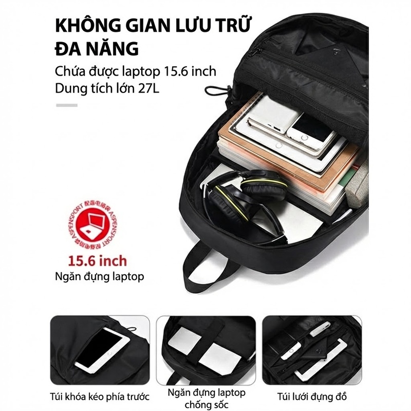 Balo Laptop Nam Nữ Chống Nước Sức Chứa Lớn Đi Học Du Lịch Công Tác Màu Đen
