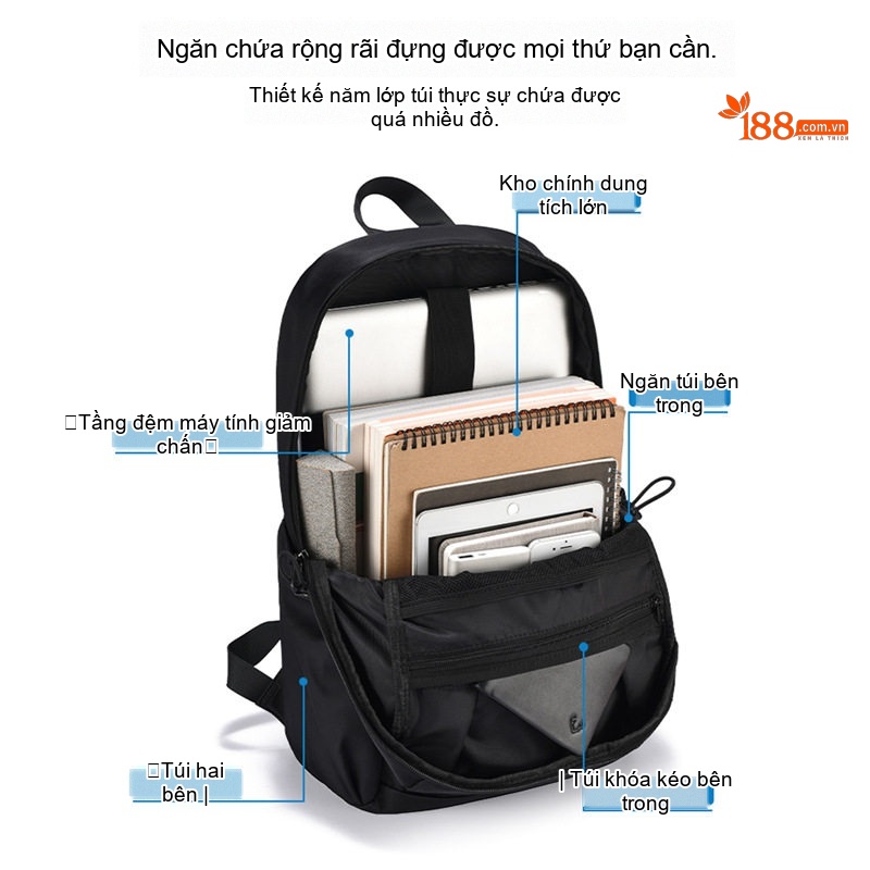 Balo Laptop Nam Nữ Chống Nước Sức Chứa Lớn Đi Học Du Lịch Công Tác Màu Đen