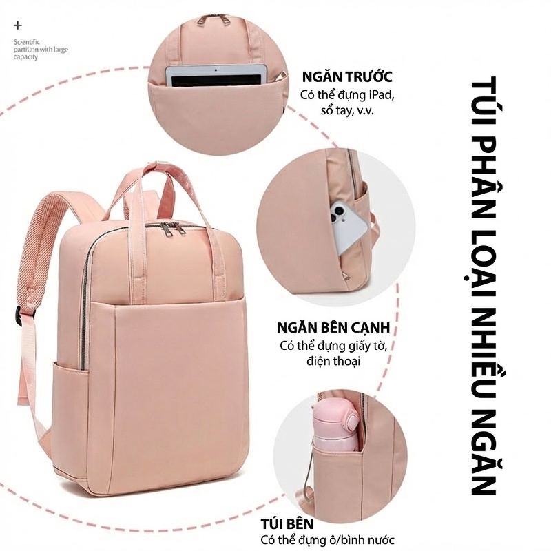 Balo Laptop Nam Nữ Thời Trang Công Sở Du Lịch Đơn Giản Vải Dù Chống Thấm Nước Màu Hồng, Đen