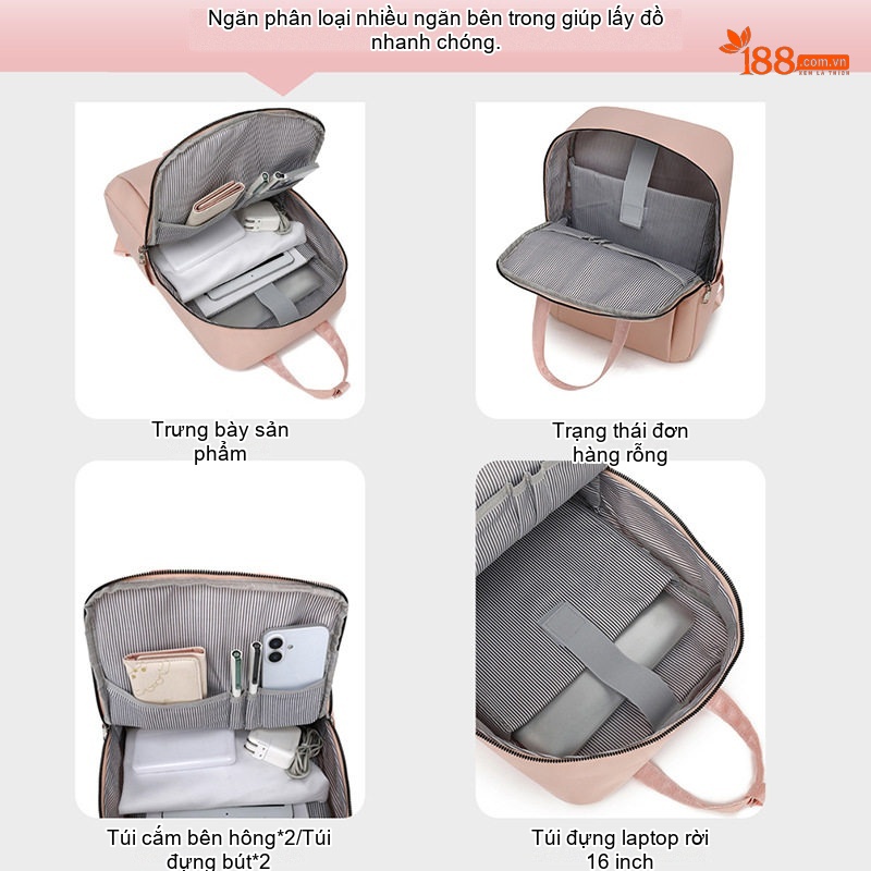 Balo Laptop Nam Nữ Thời Trang Công Sở Du Lịch Đơn Giản Vải Dù Chống Thấm Nước Màu Hồng, Đen