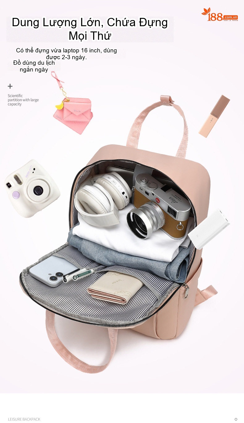 Balo Laptop Nam Nữ Thời Trang Công Sở Du Lịch Đơn Giản Vải Dù Chống Thấm Nước Màu Hồng, Đen chi tiết 5