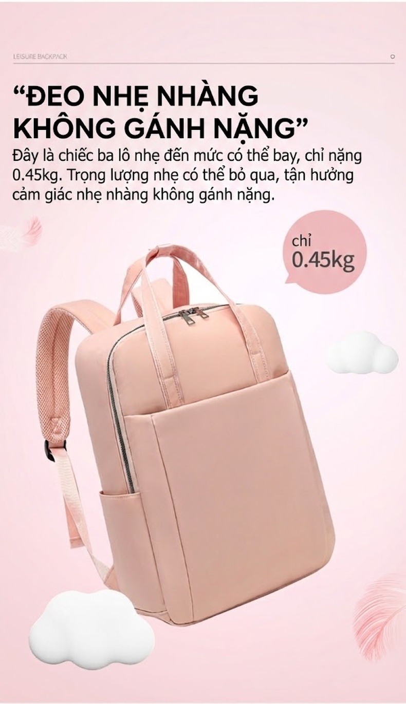 Balo Laptop Nam Nữ Thời Trang Công Sở Du Lịch Đơn Giản Vải Dù Chống Thấm Nước Màu Hồng, Đen chi tiết 11