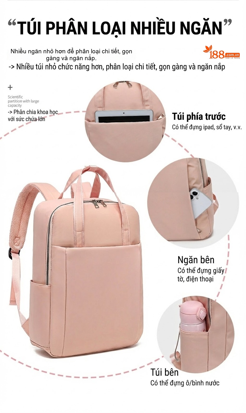 Balo Laptop Nam Nữ Thời Trang Công Sở Du Lịch Đơn Giản Vải Dù Chống Thấm Nước Màu Hồng, Đen chi tiết 6