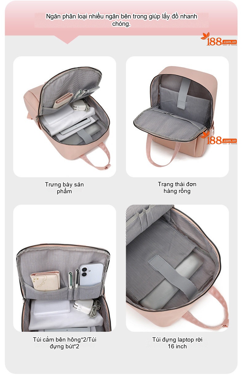 Balo Laptop Nam Nữ Thời Trang Công Sở Du Lịch Đơn Giản Vải Dù Chống Thấm Nước Màu Hồng, Đen chi tiết 7
