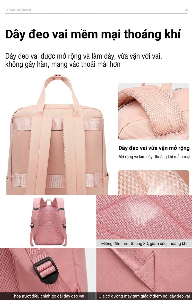 Balo Laptop Nam Nữ Thời Trang Công Sở Du Lịch Đơn Giản Vải Dù Chống Thấm Nước Màu Hồng, Đen chi tiết 8