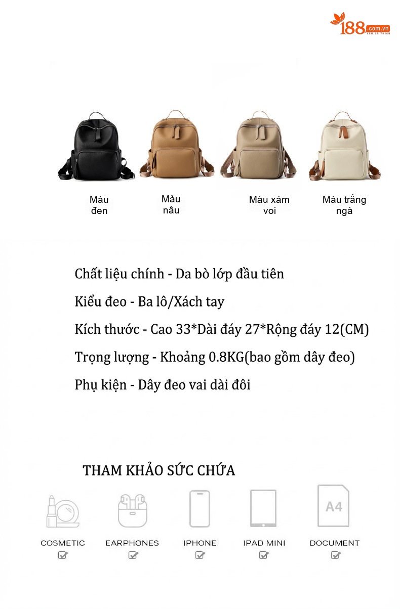 Balo Laptop Nữ Da Bò Dung Tích Lớn Đeo Vai Đi Học Du Lịch Màu Đen, Nâu, Trắng Kem chi tiết 2