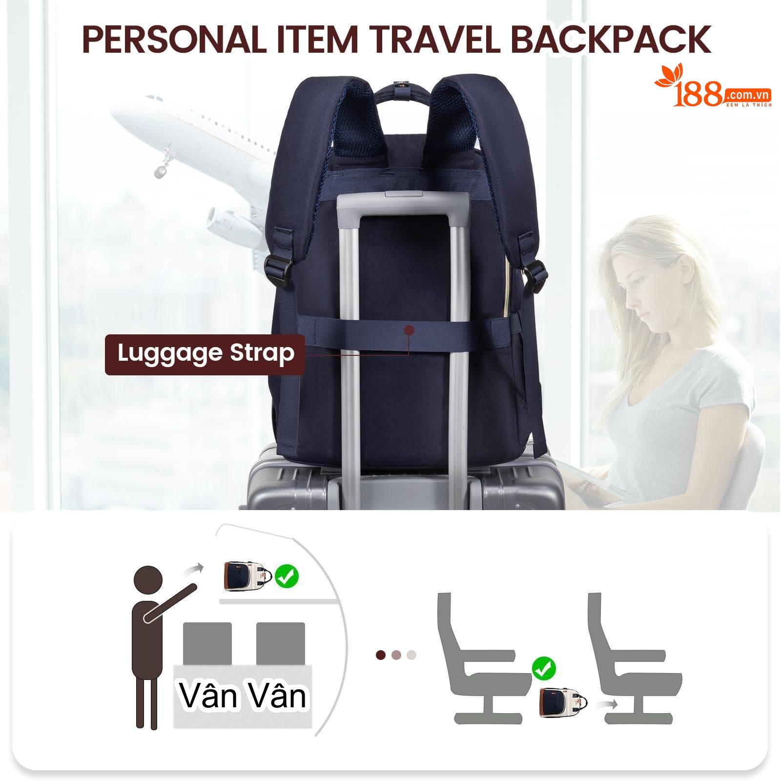 Balo Laptop Nữ Thời Trang Chống Trộm Dung Tích Lớn Đi Học, Du Lịch Màu Xanh Navy, Kem chi tiết 21