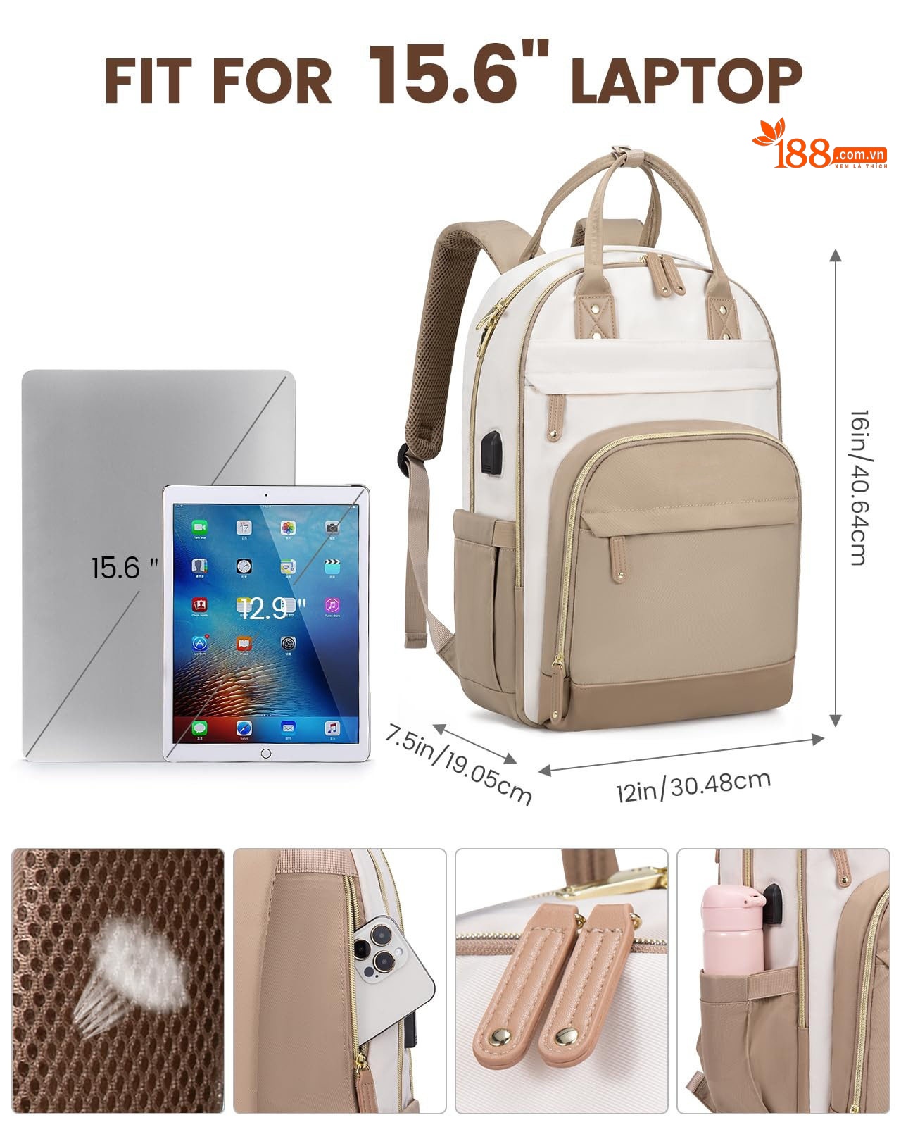 Balo Laptop Nữ Thời Trang Chống Trộm Dung Tích Lớn Đi Học, Du Lịch Màu Xanh Navy, Kem chi tiết 25