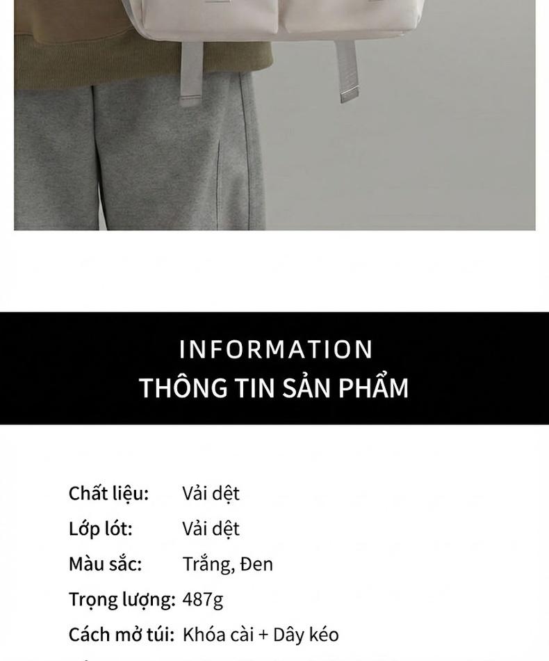 Balo Laptop Vải Dù Chống Nước Sức Chứa Lớn Phong Cách Hàn Quốc Màu Đen, Trắng chi tiết 6