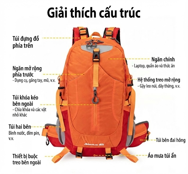 Balo Leo Núi Dã Ngoại Đa Năng Chống Thấm Nước Dung Tích Lớn Màu Đen, Xanh, Đỏ, Vàng... chi tiết 4