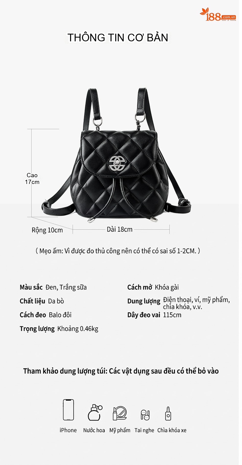 Balo Mini Nữ Da Thật Thiết Kế Thời Trang Màu Đen, Trắng chi tiết 4