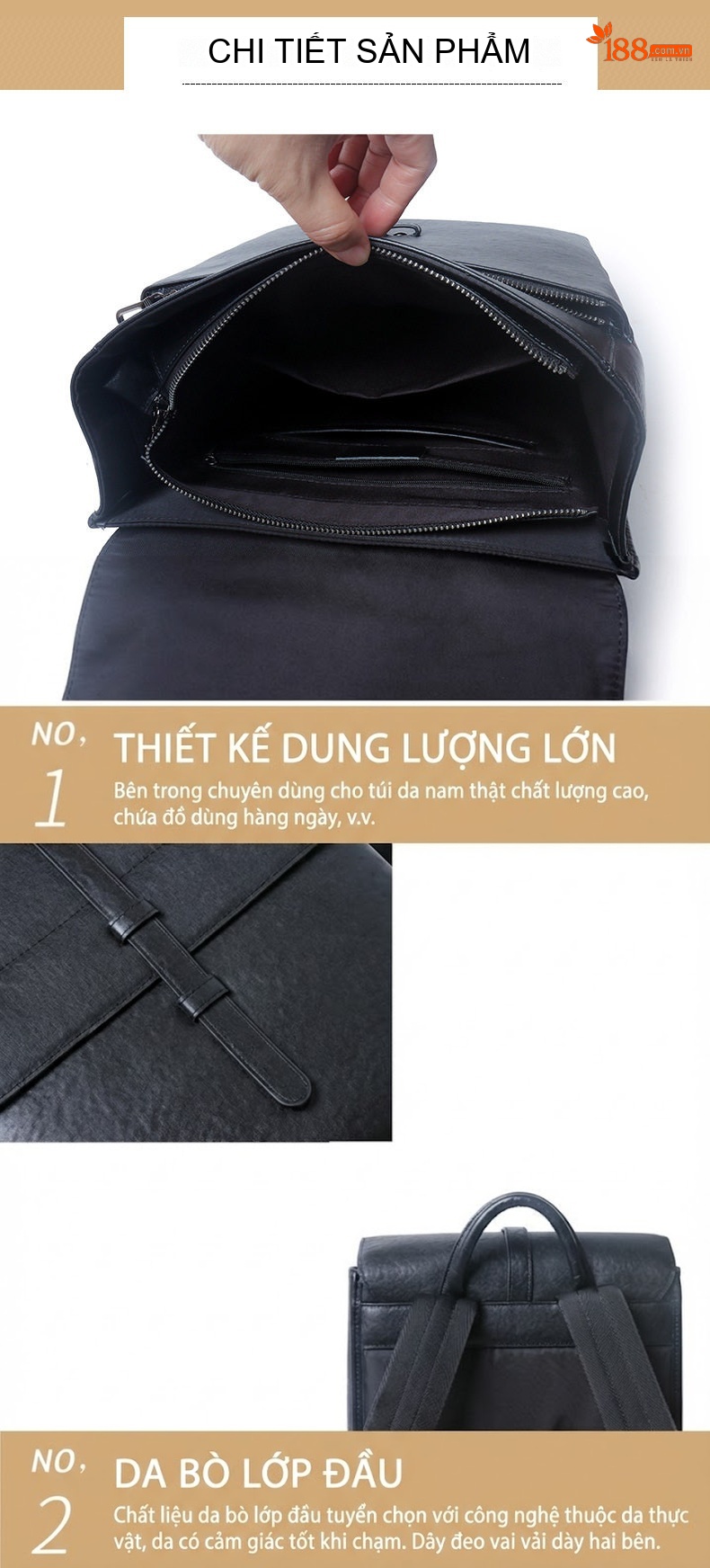 Balo Nam Da Bò Nắp Gập Dung Tích Lớn Phong Cách Retro Màu Đen chi tiết 14