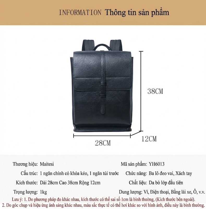 Balo Nam Da Bò Nắp Gập Dung Tích Lớn Phong Cách Retro Màu Đen chi tiết 9
