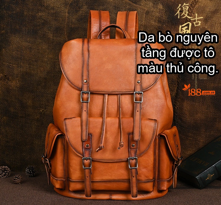 Balo Nam Da Bò Vintage Đựng Laptop Đi Học Du Lịch Màu Nâu, Nâu Đậm chi tiết 1
