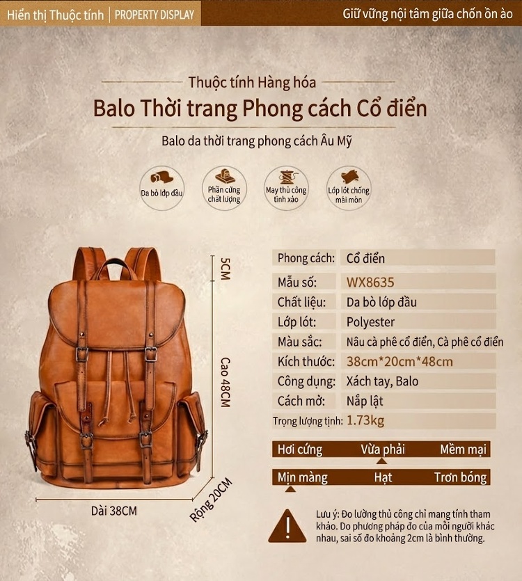 Balo Nam Da Bò Vintage Đựng Laptop Đi Học Du Lịch Màu Nâu, Nâu Đậm chi tiết 2