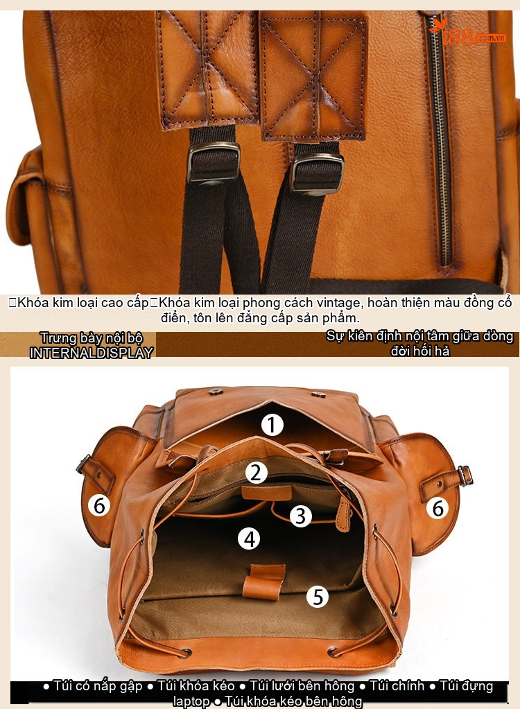 Balo Nam Da Bò Vintage Đựng Laptop Đi Học Du Lịch Màu Nâu, Nâu Đậm chi tiết 15
