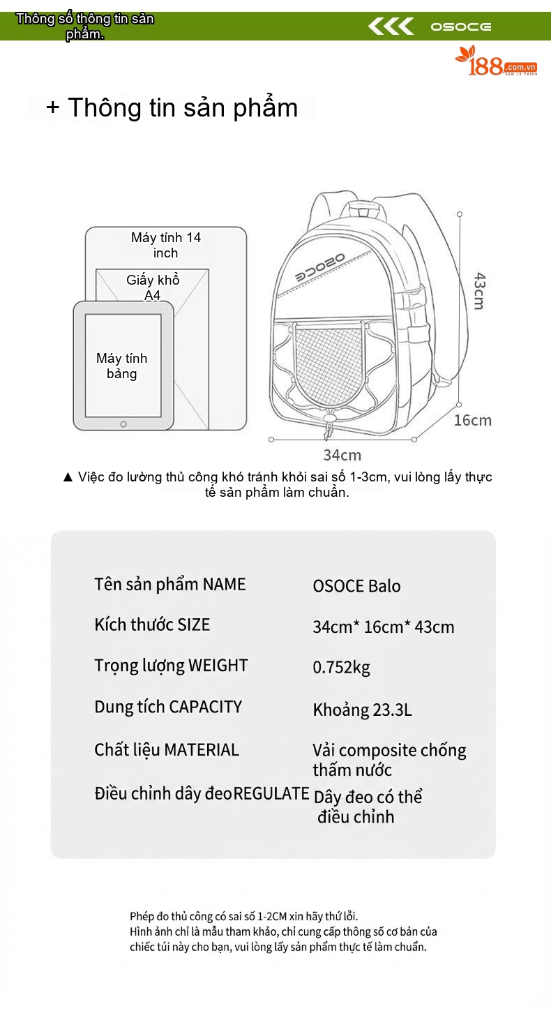 Balo Nam Nữ Sinh Viên, Học Sinh, Du Lịch Vải Dù Chống Nước Màu Trắng, Đen, Xanh Dương chi tiết 6