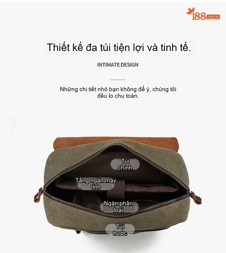 Balo Nam Nữ Vải Canvas Quai Da Bò Phong Cách Retro Đựng Laptop Màu Xanh Rêu, Nâu, Xám, Nâu Đất... chi tiết 10
