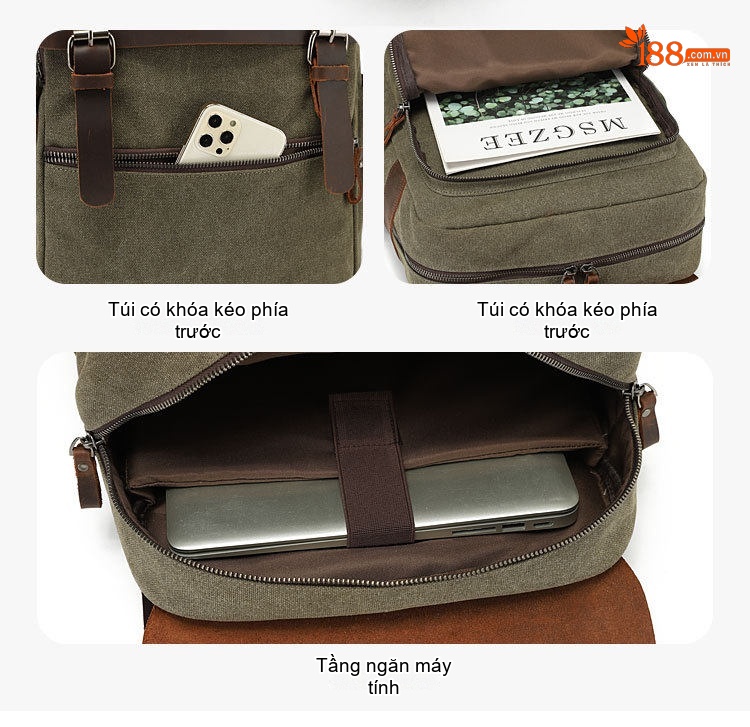 Balo Nam Nữ Vải Canvas Quai Da Bò Phong Cách Retro Đựng Laptop Màu Xanh Rêu, Nâu, Xám, Nâu Đất... chi tiết 11