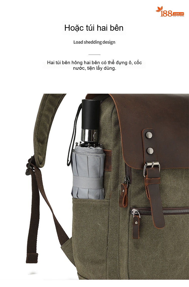 Balo Nam Nữ Vải Canvas Quai Da Bò Phong Cách Retro Đựng Laptop Màu Xanh Rêu, Nâu, Xám, Nâu Đất... chi tiết 14