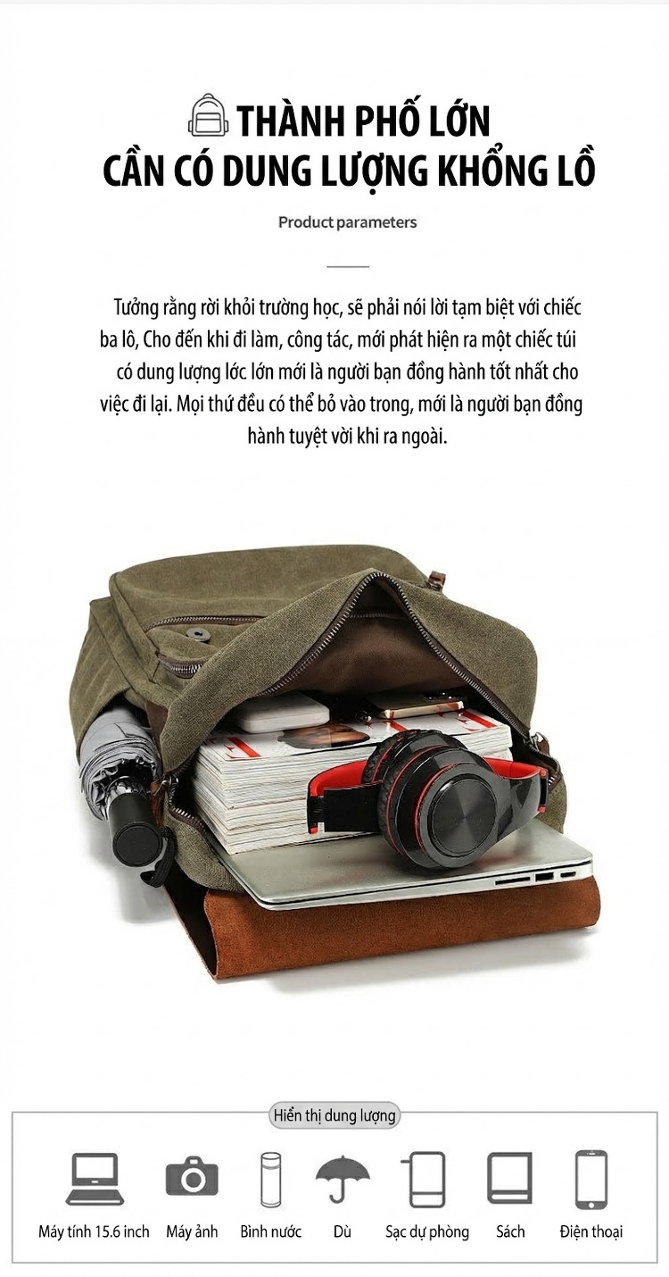 Balo Nam Nữ Vải Canvas Quai Da Bò Phong Cách Retro Đựng Laptop Màu Xanh Rêu, Nâu, Xám, Nâu Đất... chi tiết 9